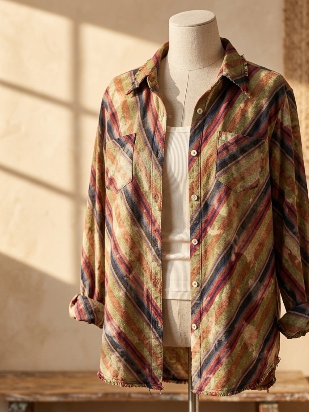 Jaded Gypsy Over Sized Multicolor Mineral Washed Button-Down Shirt.